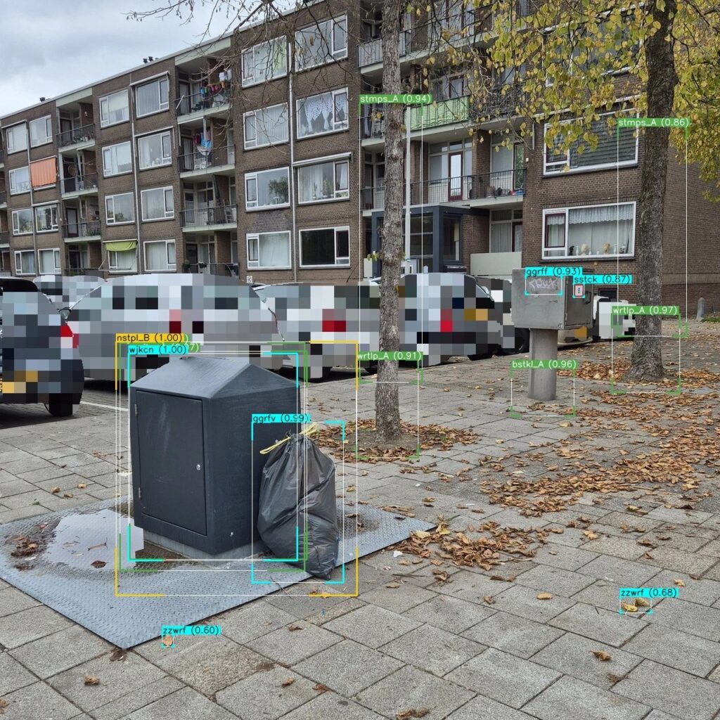 AI-inspectie openbare ruimte: model herkent zwerfafval, containers en naastplaatsingen te midden van herfstbladeren op straat.