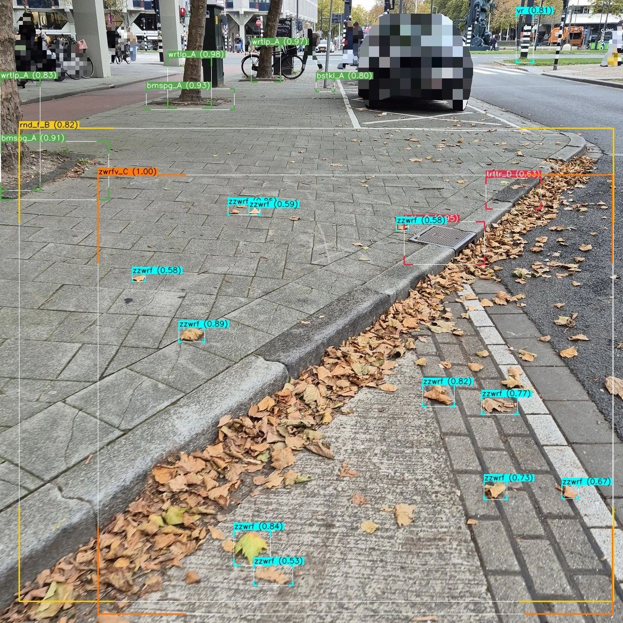 AI-inspectie openbare ruimte in herfst: model herkent zwerfafval en kolkinlaten, false positive veroorzaakt door bladeren en schaduw.