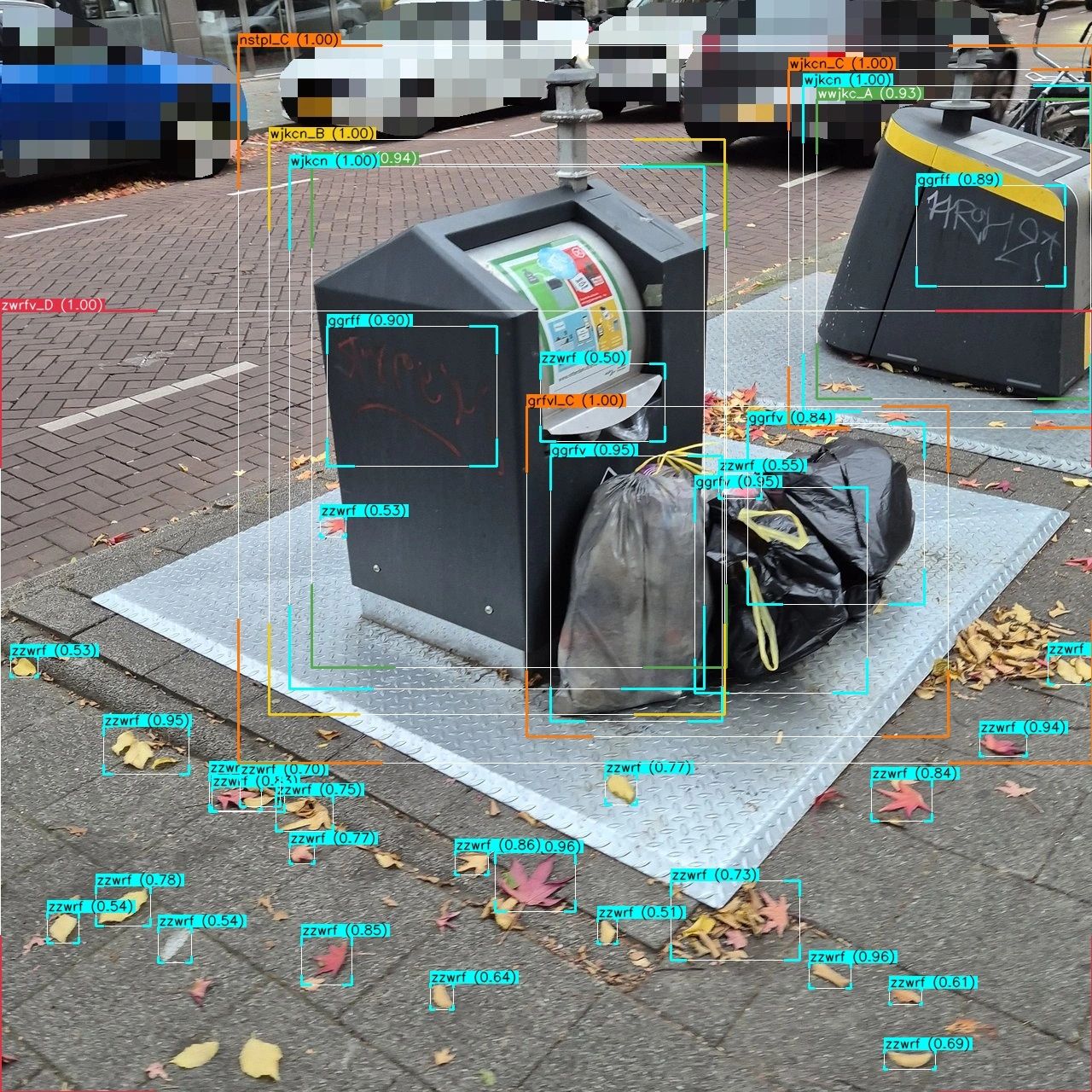 AI-inspectie openbare ruimte: model herkent zwerfafval, containers en naastplaatsingen te midden van herfstbladeren op straat.