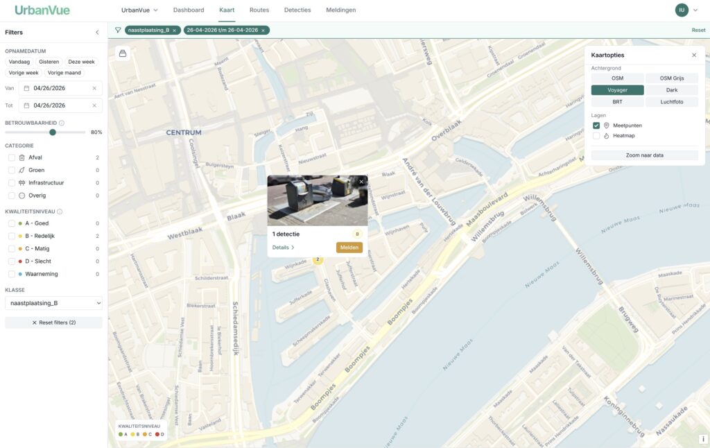 UrbanVue kaartweergave gefilterd op naastplaatsing met popup en meldknop