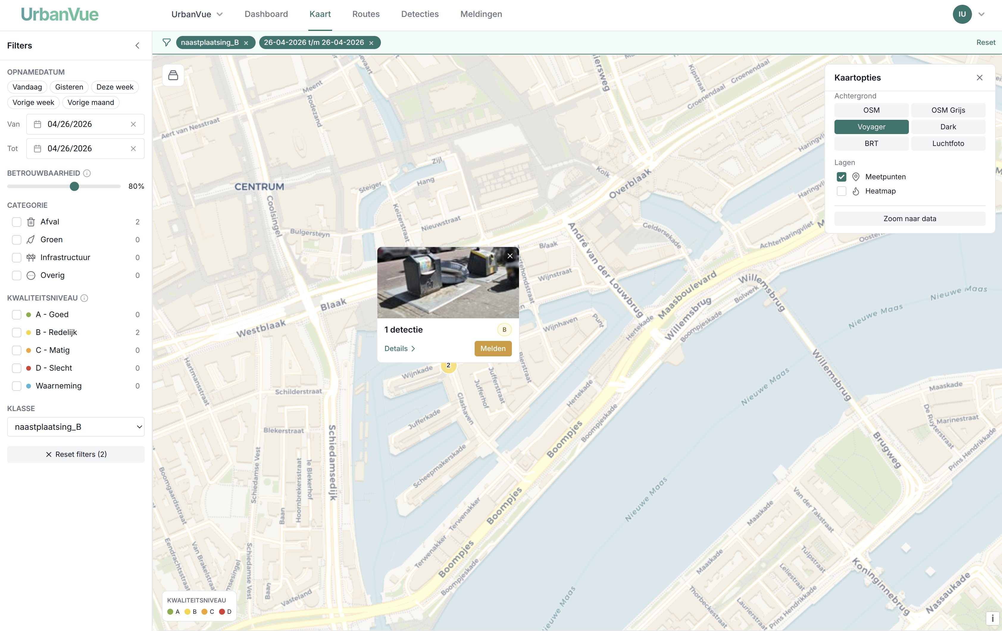 Een detectie als melding in Signalen, met foto en GPS-locatie