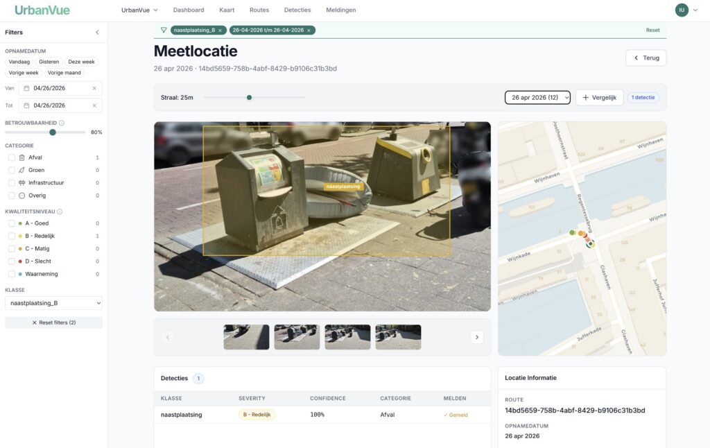 UrbanVue Platform: gedetecteerde bijplaatsing bij ondergrondse containers op een meetlocatie, met kaart.