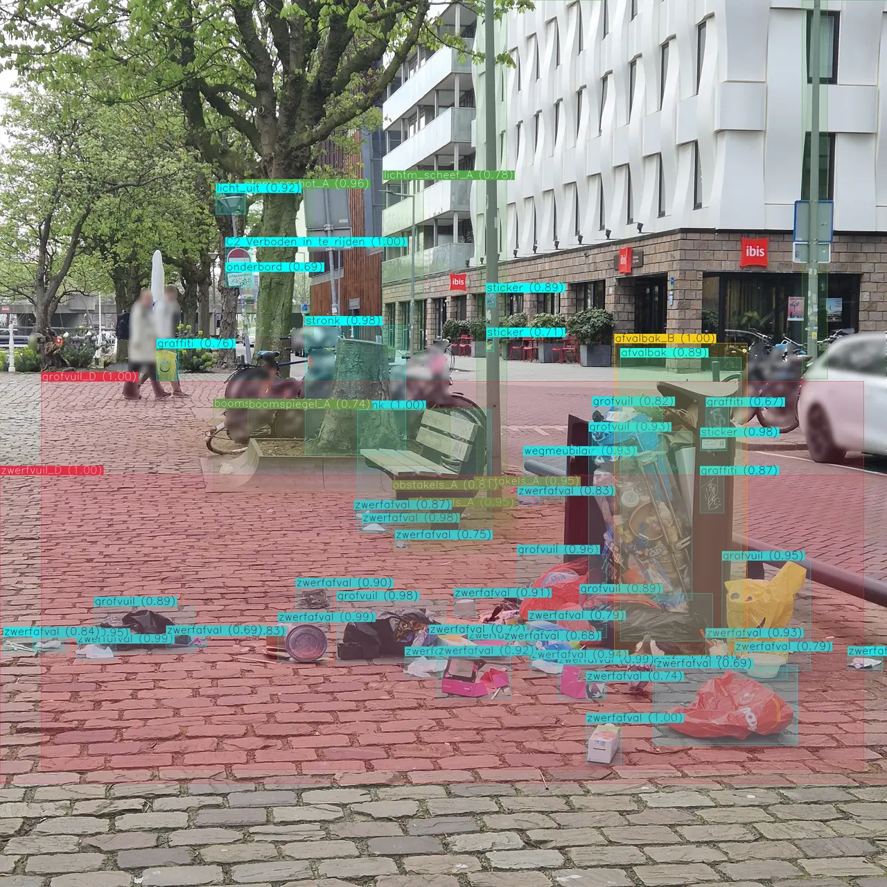 AI-detectie van zwerfafval, grofvuil en bijplaatsing in de openbare ruimte, met geanonimiseerde personen.