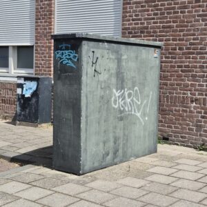 Beplakking en graffiti op nutskast, niveau B