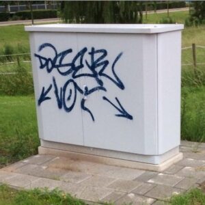 Beplakking en graffiti op nutskast, niveau C