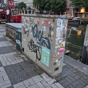 Beplakking en graffiti op nutskast, niveau D