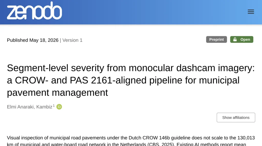 Het UrbanVue-preprint over segment-level severity uit dashcambeeld op Zenodo (CROW- en PAS 2161-gericht).