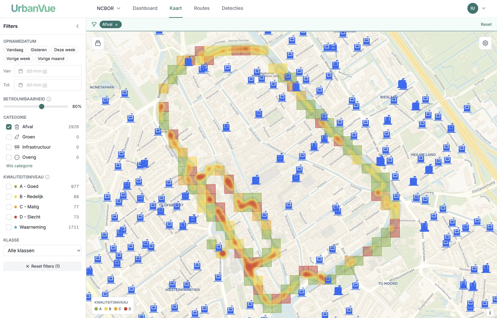 Het UrbanVue Platform: kaart met detecties, heatmap en kwaliteitsniveaus A t/m D