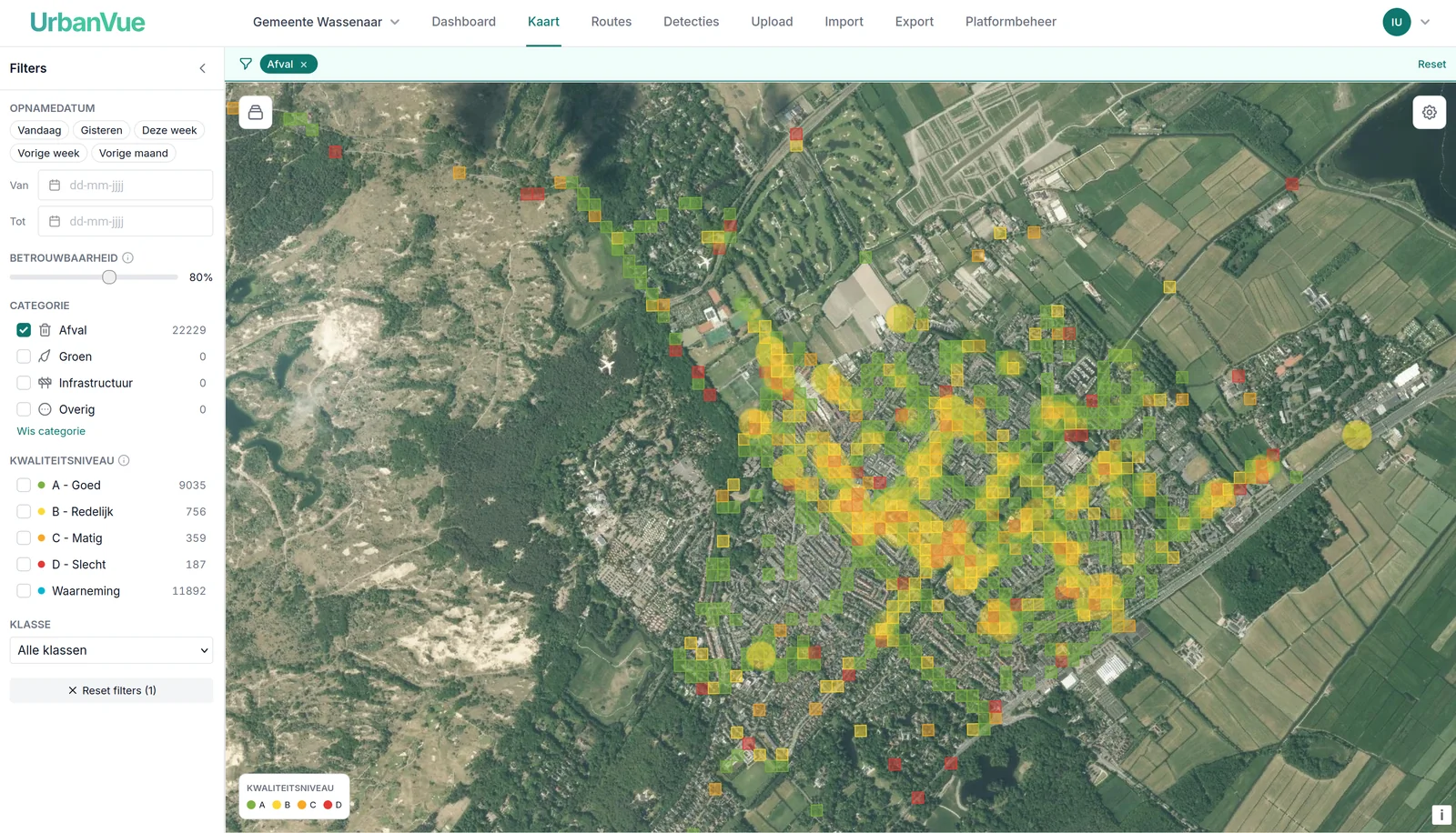 Interactieve kaart van Wassenaar met AI-detecties op CROW-niveau A t/m D