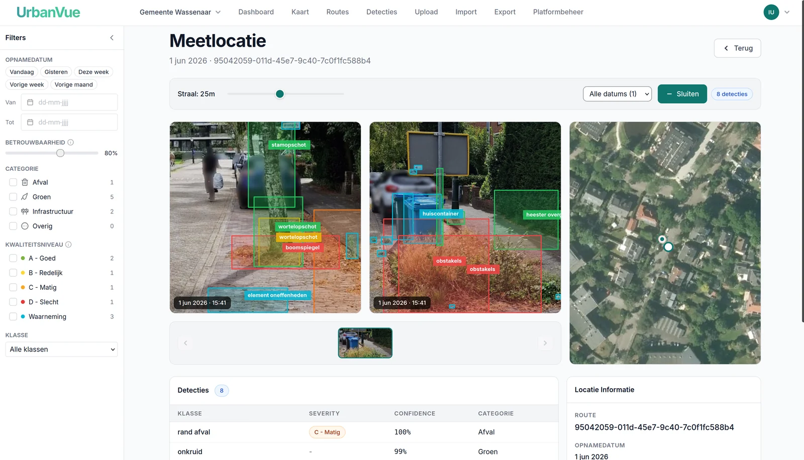 UrbanVue meetlocatie: straatbeeld met automatische detecties en CROW-beoordeling