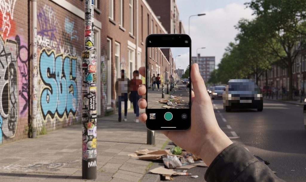Een telefoon legt een straat vast; personen en voertuigen zijn onherkenbaar gemaakt