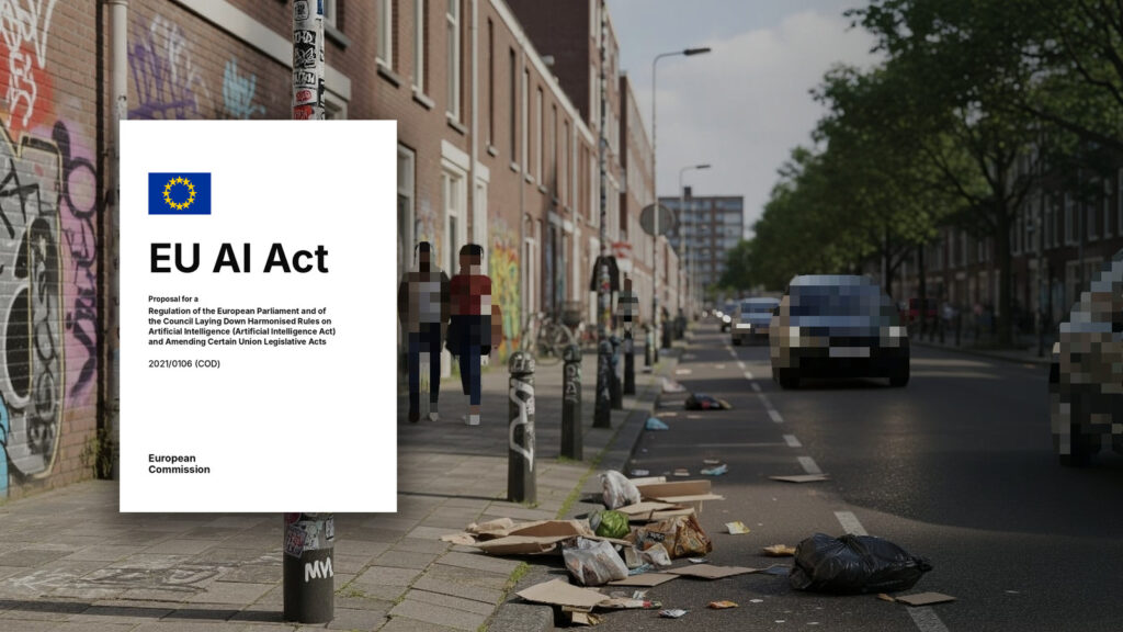 Geanonimiseerd straatbeeld met zwerfafval en bekladding, met de cover van de EU AI Act ervoor