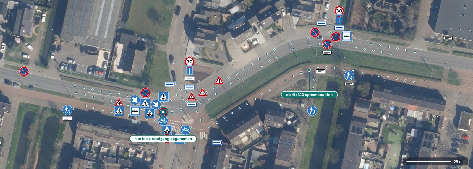 Luchtfoto van twee kruispunten met de gemeten verkeersborden en de opnamepunten van de rit