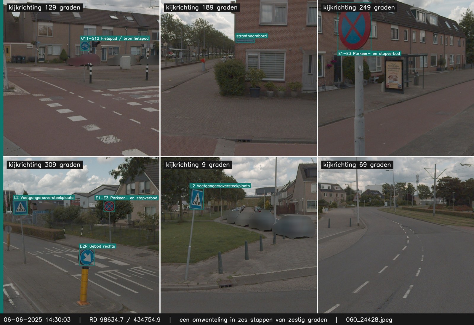 Zes beelden uit een 360-graden rondgang met de herkende verkeersborden omkaderd